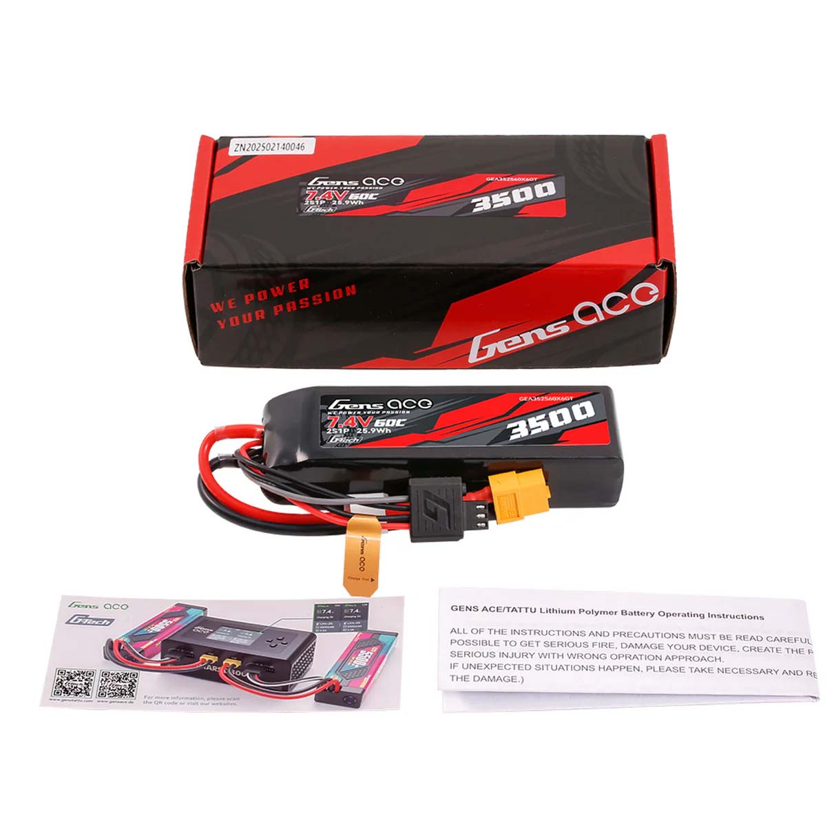 GensAce G-Tech Hard 2S 7.4V-3500-60C 100x34x22mm 179g (XT60)